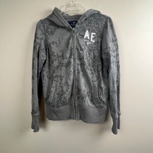 American Eagle Women's Medium Gray Floral Zip Hoodie Eagle Fleece Y2K Aesthetic